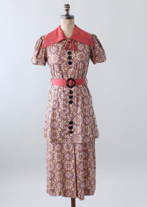 Vintage Mid 1930s Floral Cotton Day Dress with Peplum