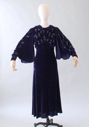 Vintage 1930s Purple Velvet Evening Gown with Rhinestones
