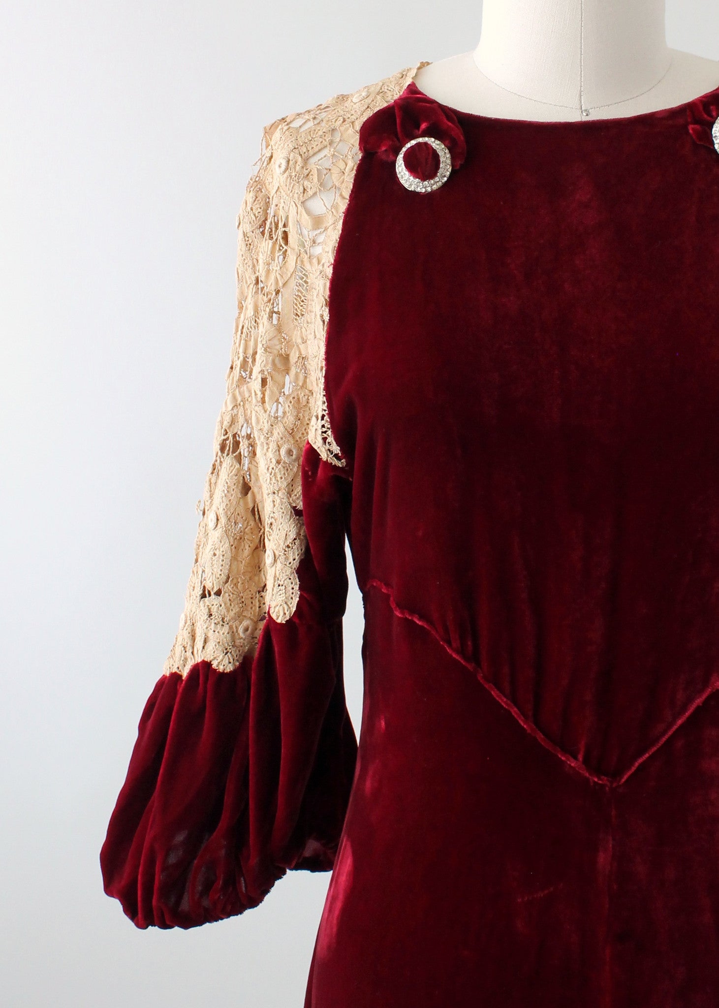 Vintage 1930s Red Velvet and Lace Evening Dress