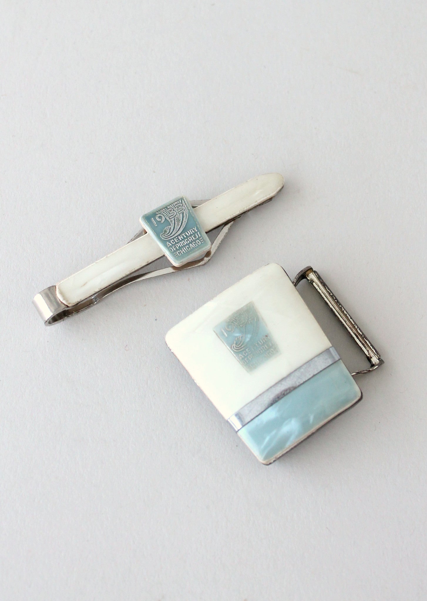 Vintage 1930s Chicago World's Fair Tie Clip and Buckle Gift Set