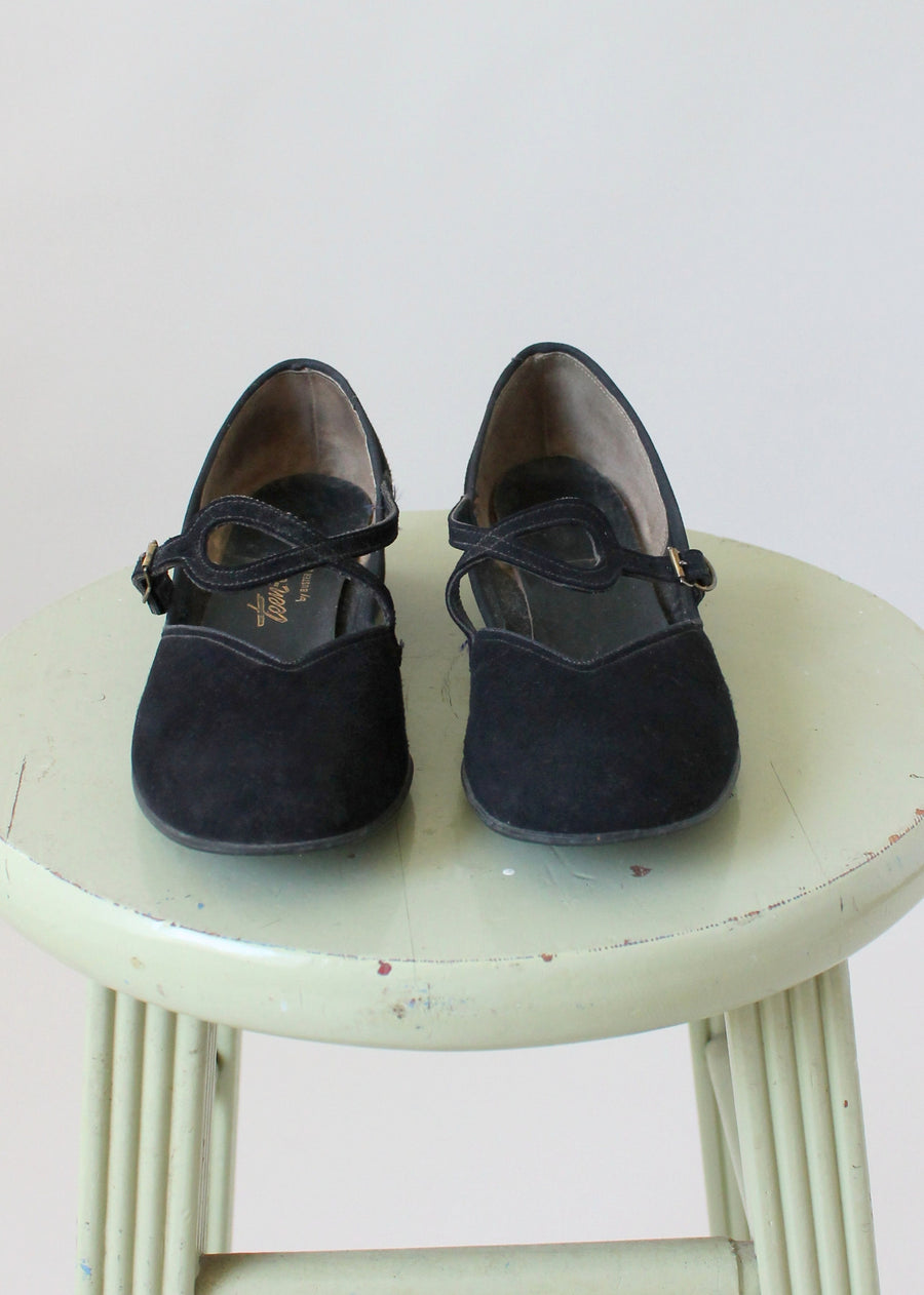 Vintage 1940s Black Suede Mary Jane Flats