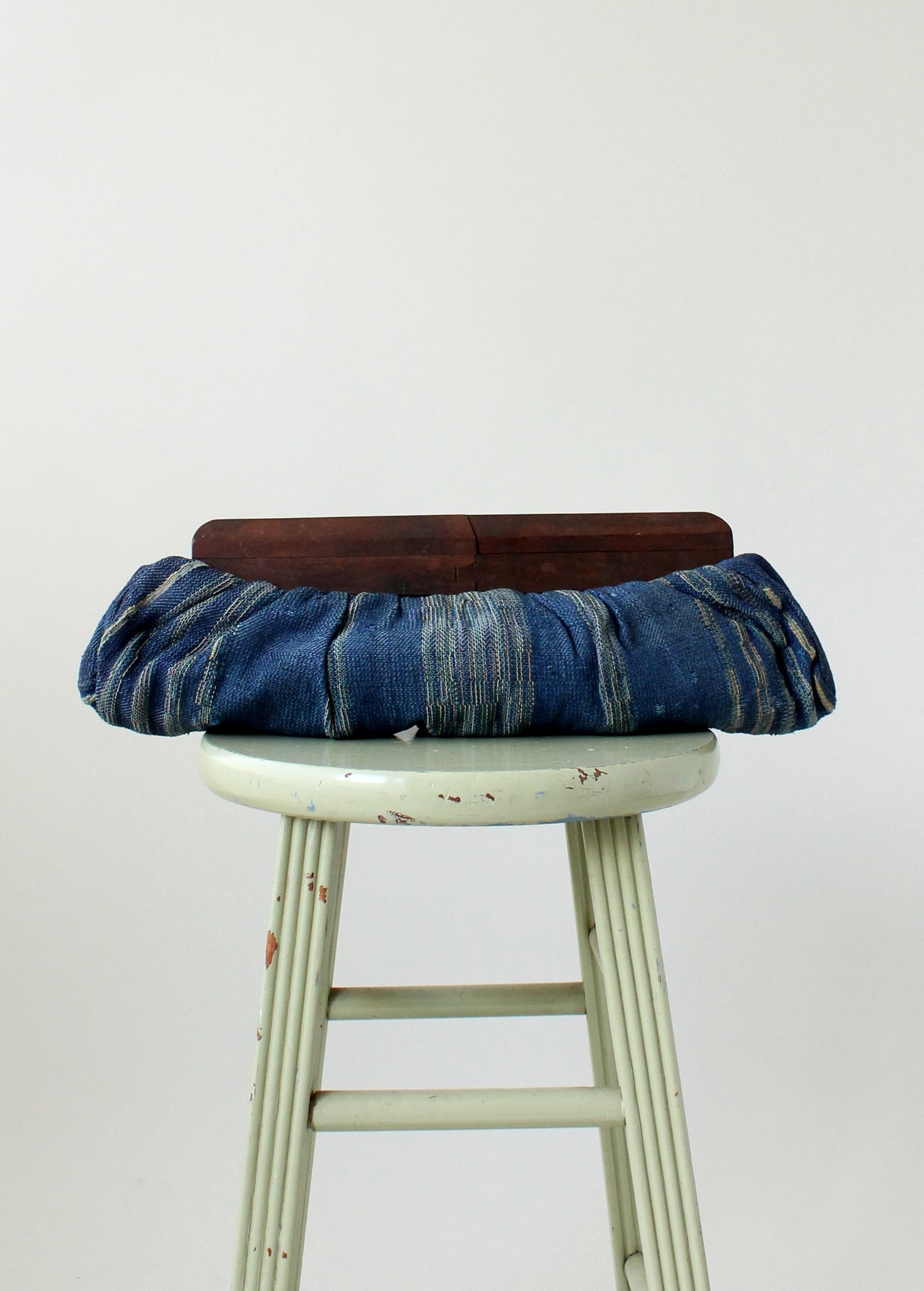 Vintage 1940s Blue Fabric Clutch with Wood Frame