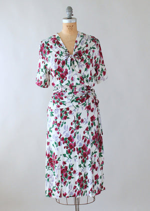 Vintage 1940s Magenta Flowers Rayon Jersey Dress