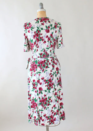 Vintage 1940s Magenta Flowers Rayon Jersey Dress