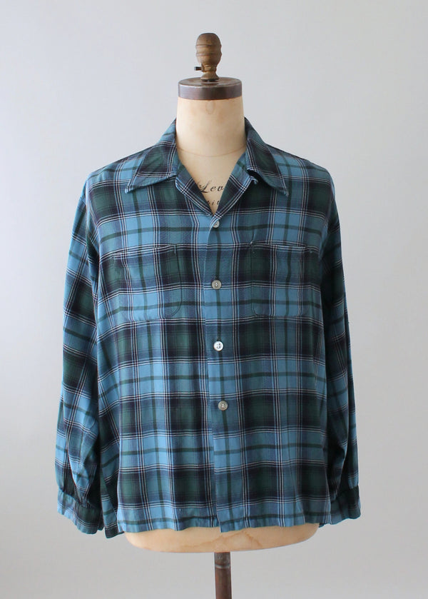 Vintage Blue Plaid Loop Collar Shirt - Raleigh Vintage