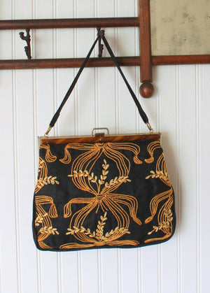 Vintage 1960s Gold and Black Embroidered Cotton Purse