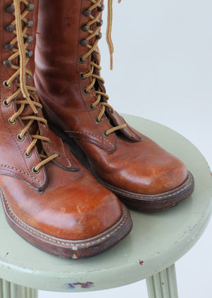 Vintage 1970s Brown Leather Tall Lace Up Boots