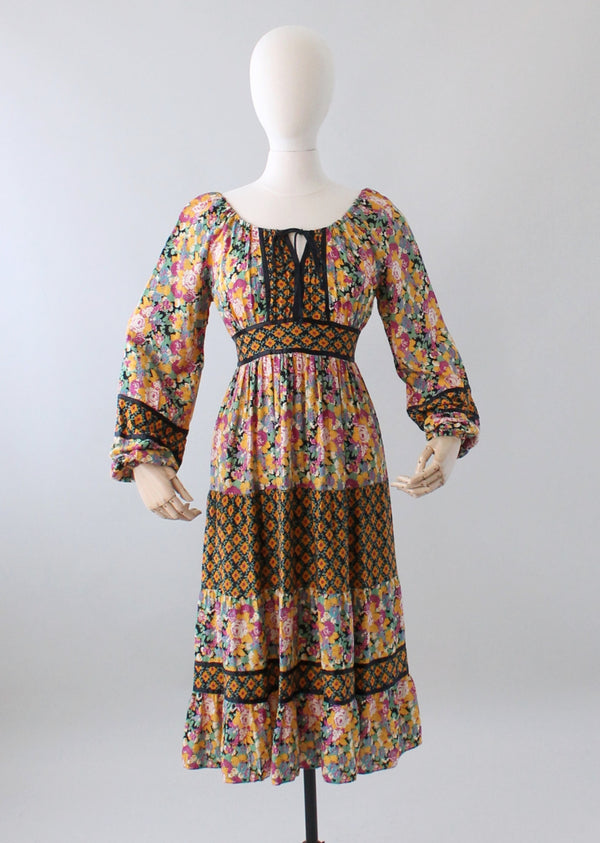 Vintage 1970s Mixed Florals Peasant Dress - Raleigh Vintage