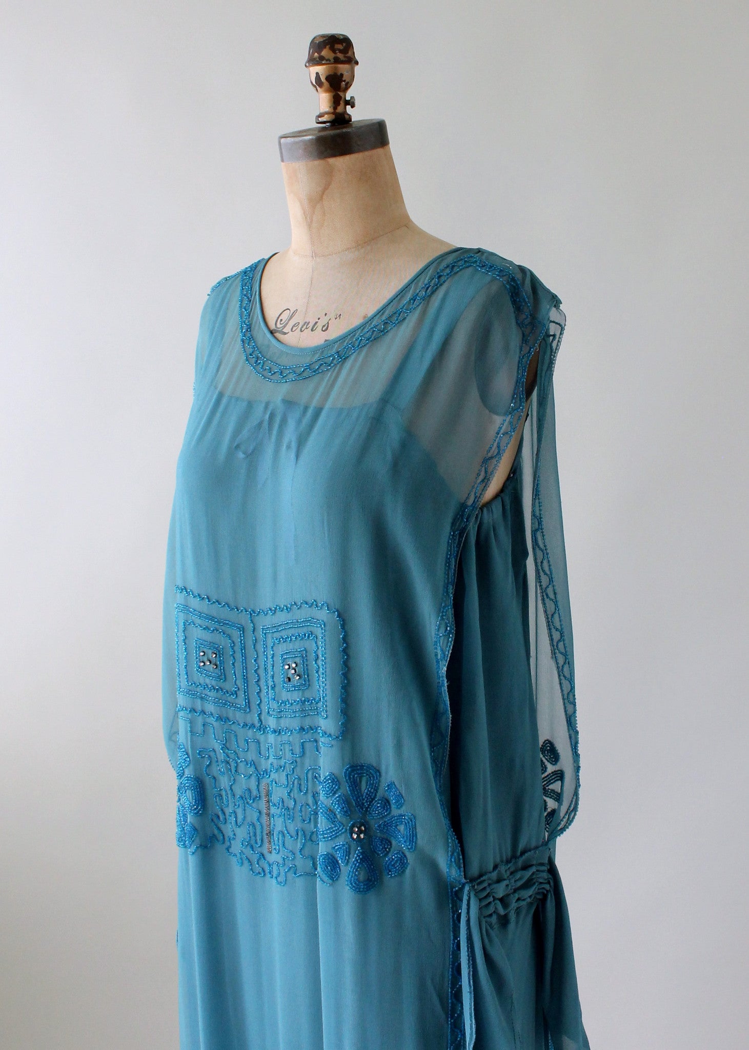 Vintage 1920s Cornflower Blue Tambour Beaded Silk Flapper Dress — L/XL
