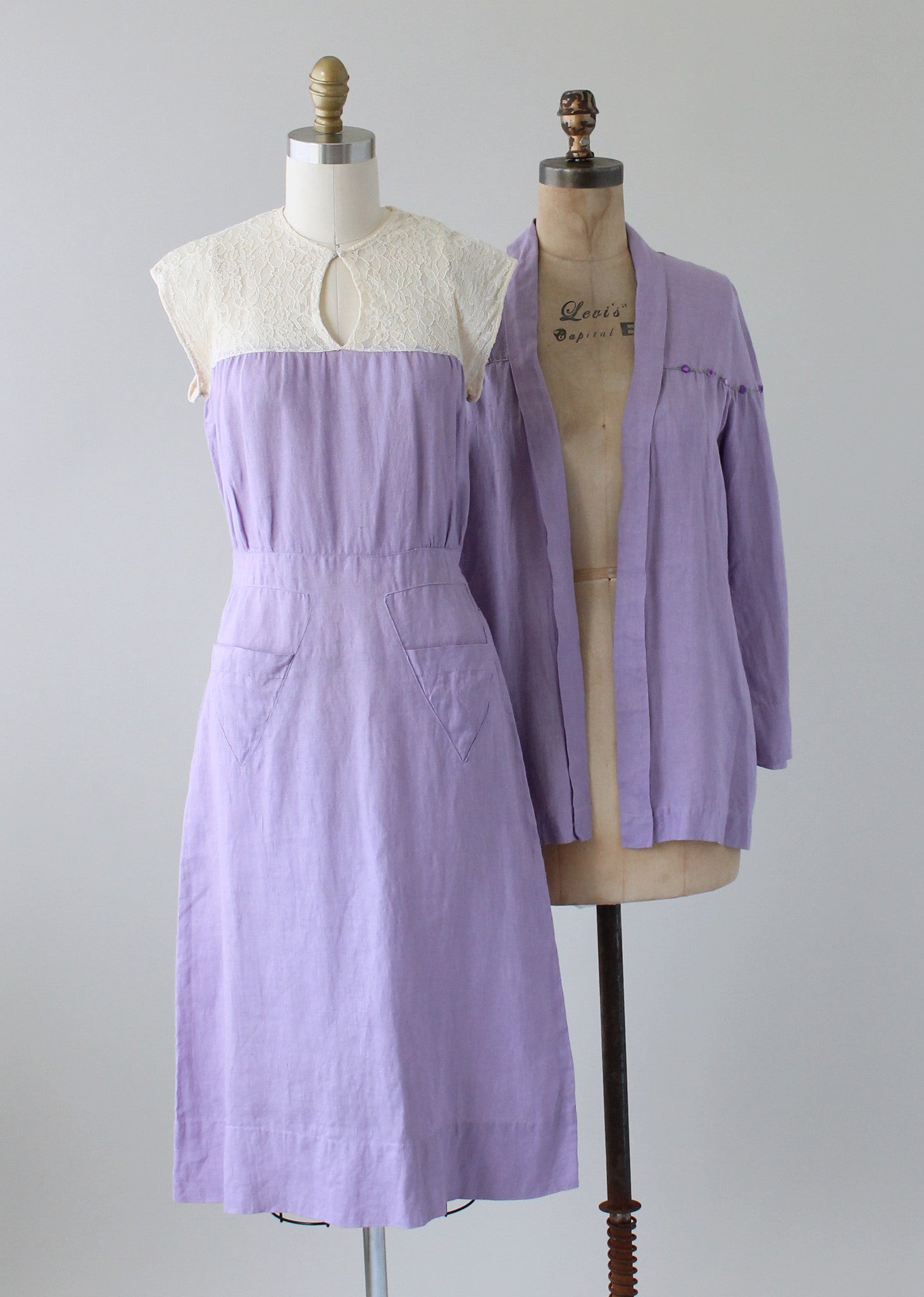 Vintage 1930s Lavender Linen and Lace Dress and Jacket