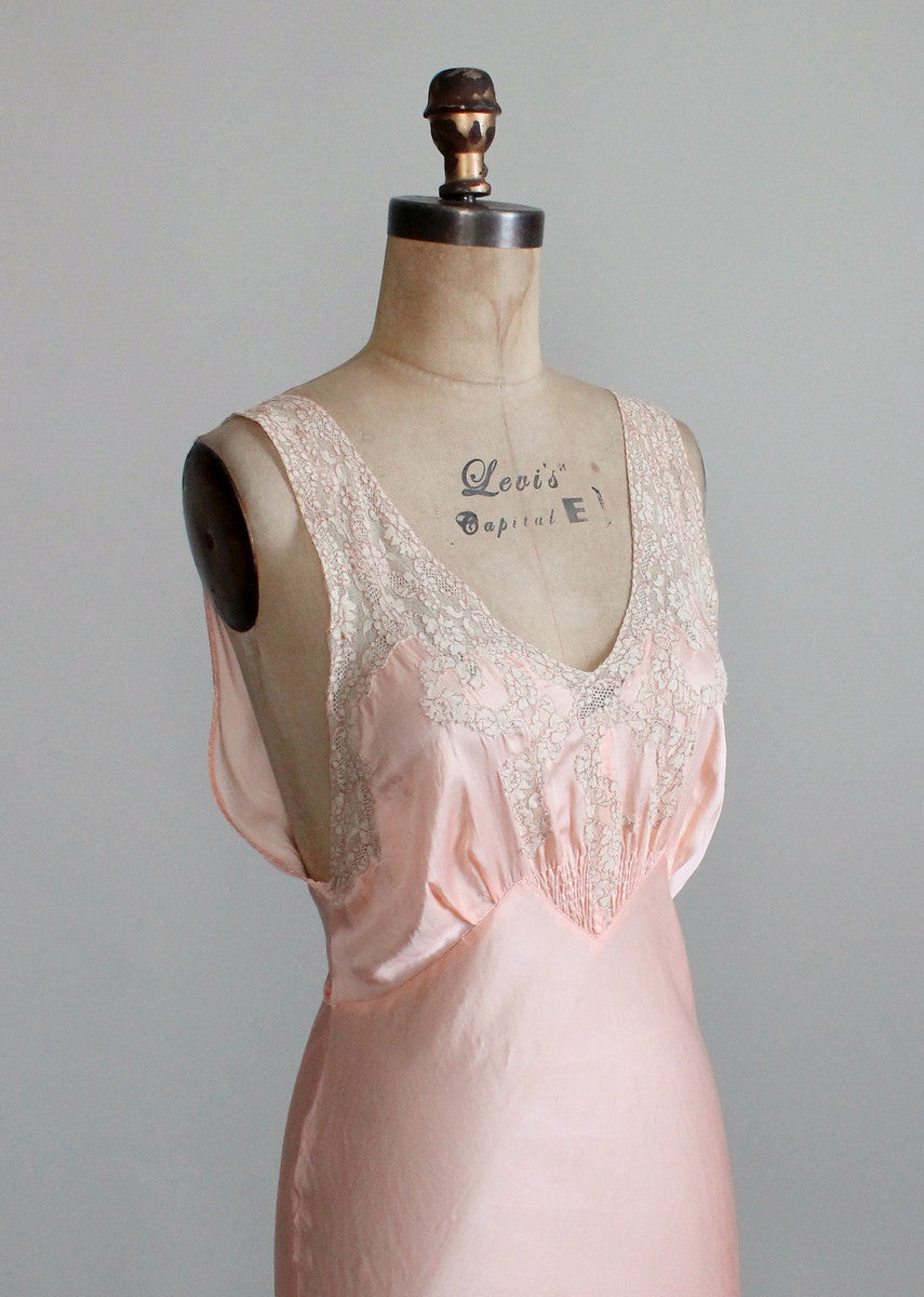 Vintage 1940s Pink Rayon and Lace Shirred Front Gown