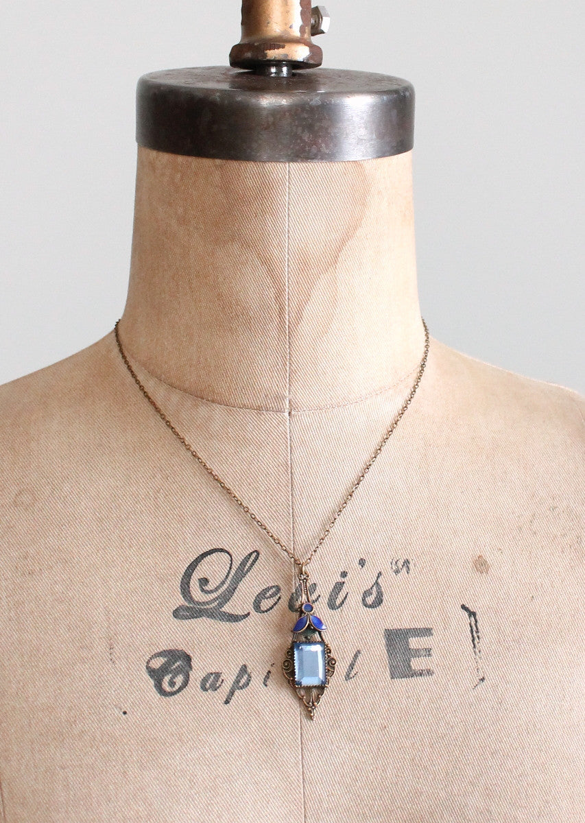 Vintage Early 1920s Blue Glass and Enemal Lavalier Necklace