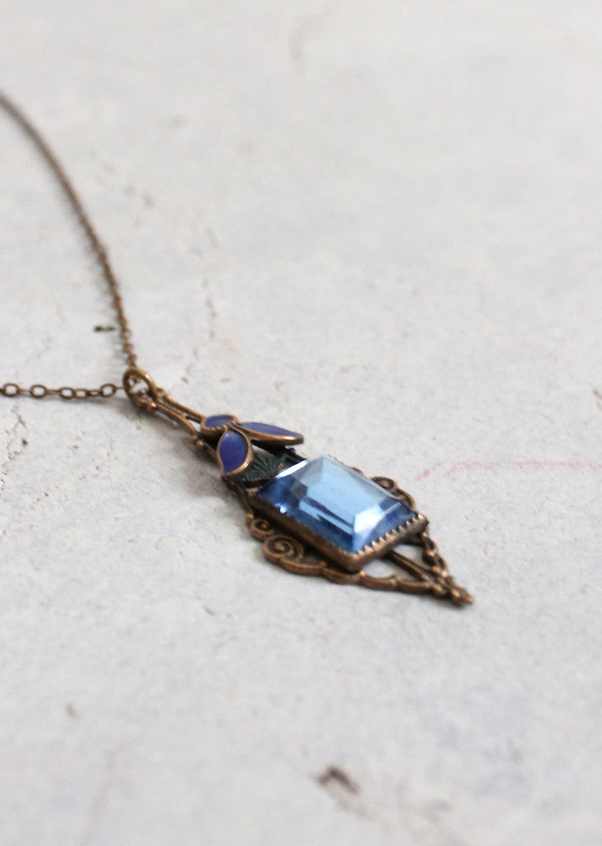 Vintage Early 1920s Blue Glass and Enemal Lavalier Necklace