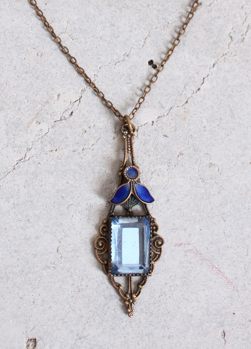 Vintage Early 1920s Blue Glass and Enemal Lavalier Necklace