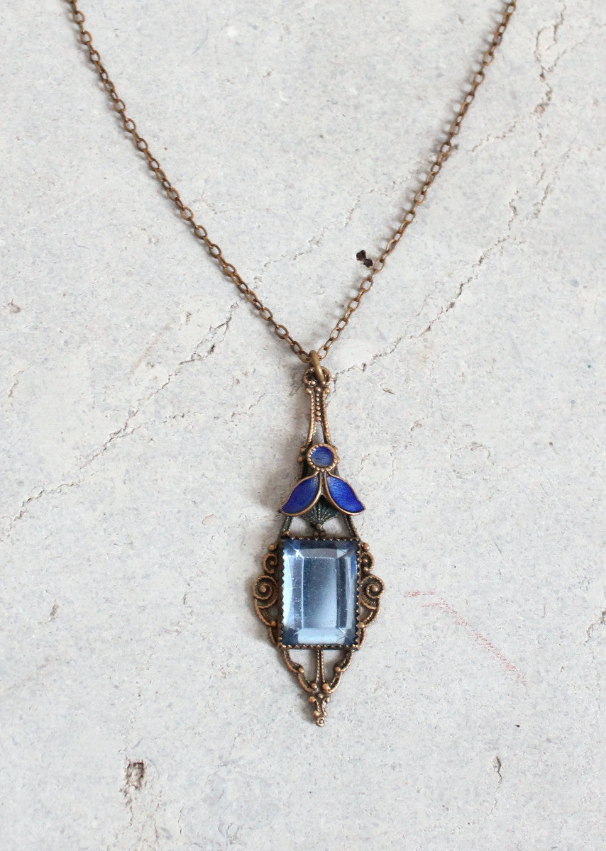 Vintage Early 1920s Blue Glass and Enemal Lavalier Necklace