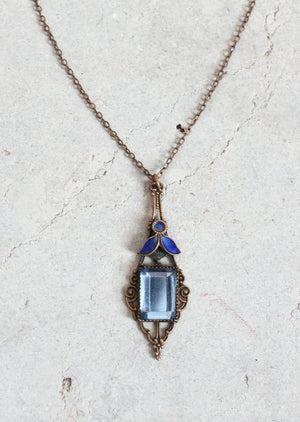 Vintage Early 1920s Blue Glass and Enemal Lavalier Necklace