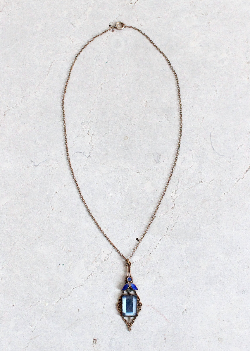 Vintage Early 1920s Blue Glass and Enemal Lavalier Necklace