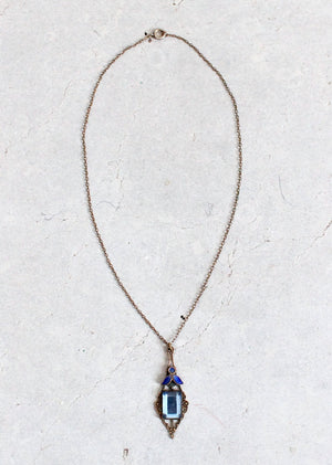 Vintage Early 1920s Blue Glass and Enemal Lavalier Necklace