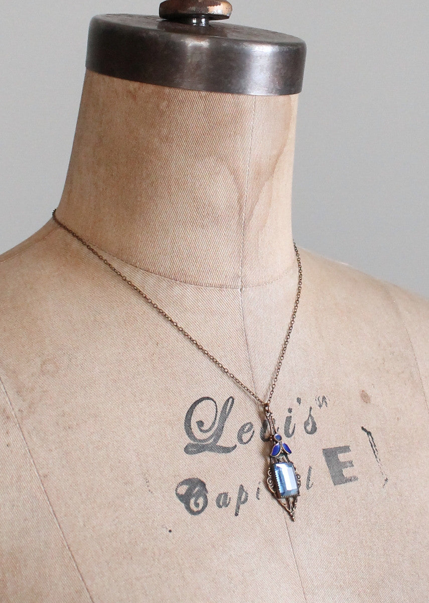 Vintage Early 1920s Blue Glass and Enemal Lavalier Necklace