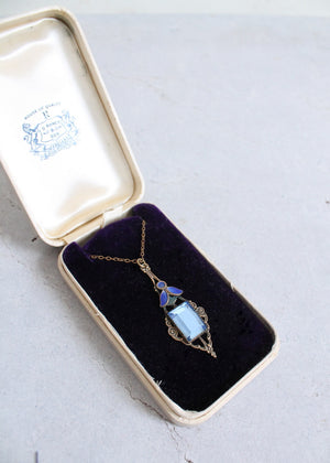 Vintage Early 1920s Blue Glass and Enemal Lavalier Necklace