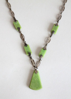 Vintage 1920s Green Czech Glass Flapper Necklace