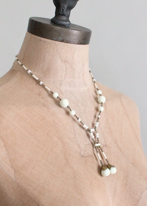 Vintage 1920s White Glass Bead and Brass Dangle Necklace