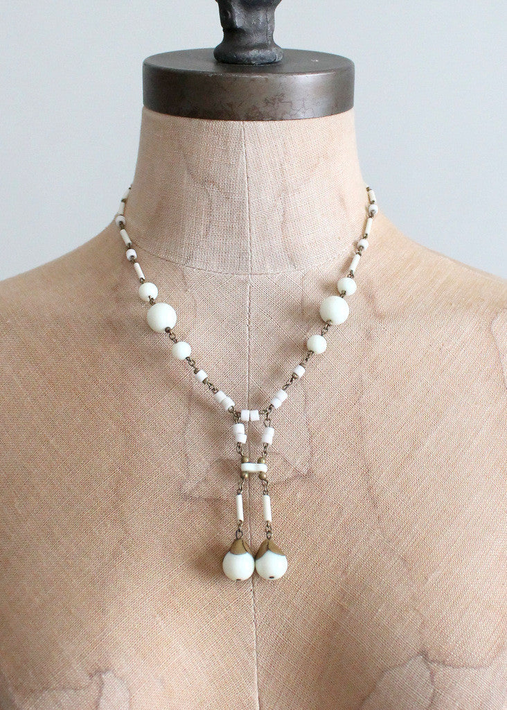 Vintage 1920s White Glass Bead and Brass Dangle Necklace