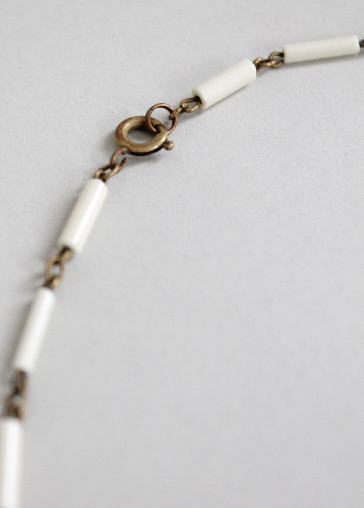 Vintage 1920s White Glass Bead and Brass Dangle Necklace