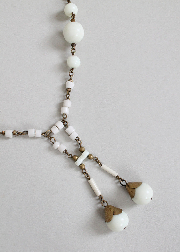 Vintage 1920s White Glass Bead and Brass Dangle Necklace