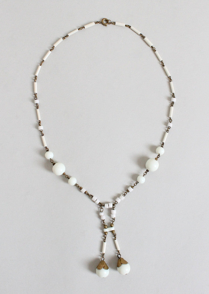 Vintage 1920s White Glass Bead and Brass Dangle Necklace