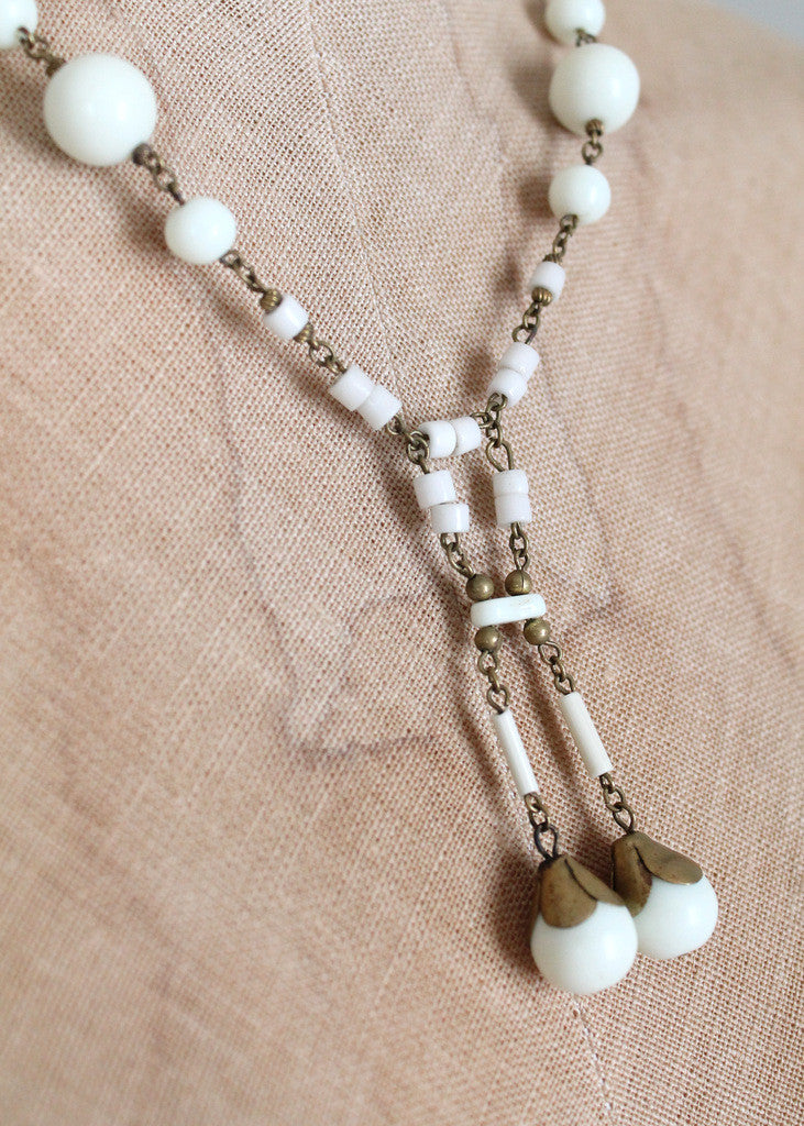Vintage 1920s White Glass Bead and Brass Dangle Necklace