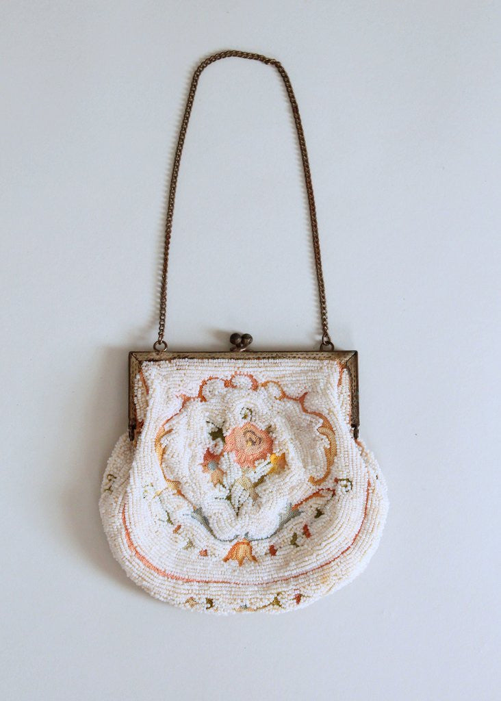 Vintage 1920s French Micro Bead and Crewel Purse