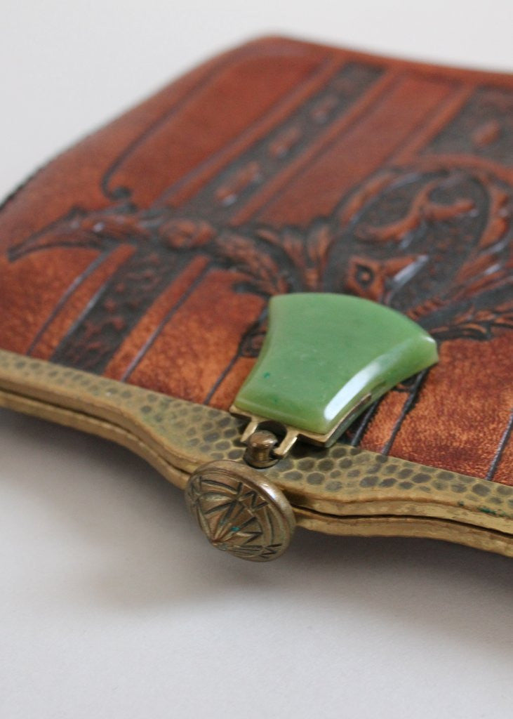 Vintage 1920s Meeker Tooled Leather Purse with Celuloid Clasp