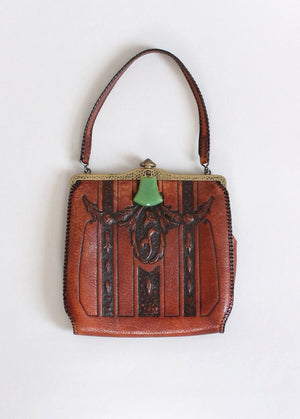Vintage 1920s Meeker Tooled Leather Purse with Celuloid Clasp