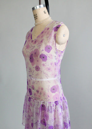 Vintage 1920s Purple Pansies Chiffon Lawn Dress