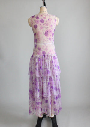 Vintage 1920s Purple Pansies Chiffon Lawn Dress