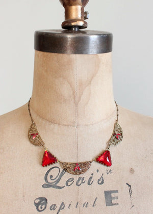 Vintage 1920s Red Enamel and Glass Necklace
