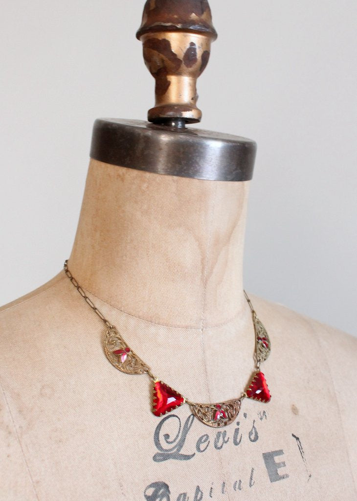 Vintage 1920s Red Enamel and Glass Necklace
