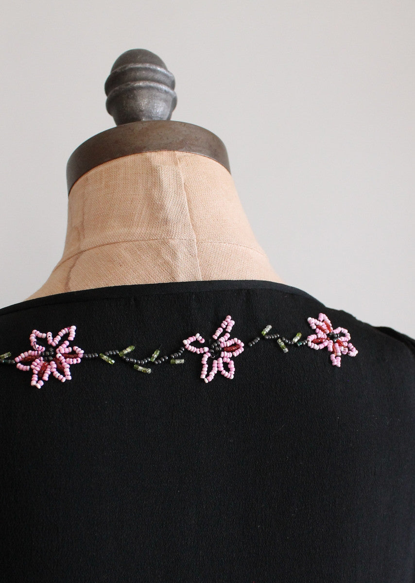 Vintage 1920s Floral Beaded Black Silk Flapper Dress