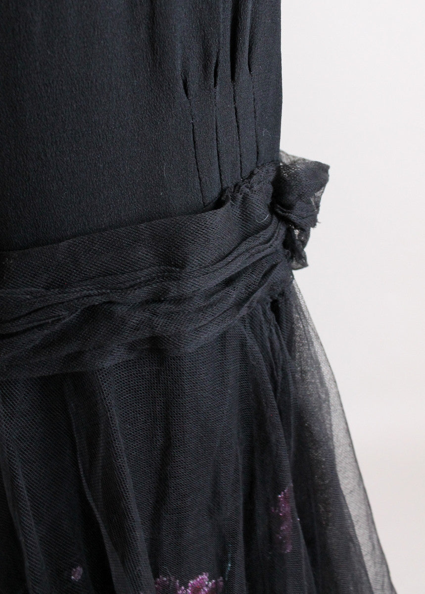 Vintage 1920s Floral Beaded Black Silk Flapper Dress