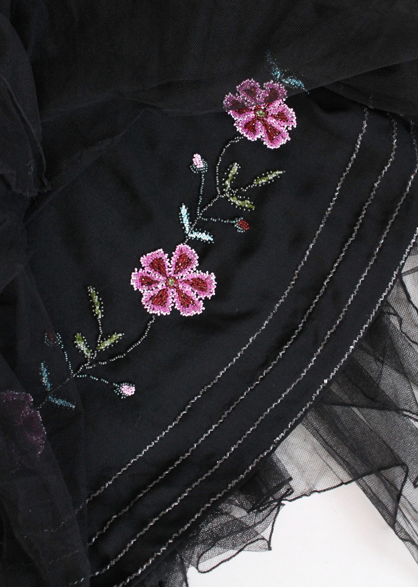 Vintage 1920s Floral Beaded Black Silk Flapper Dress