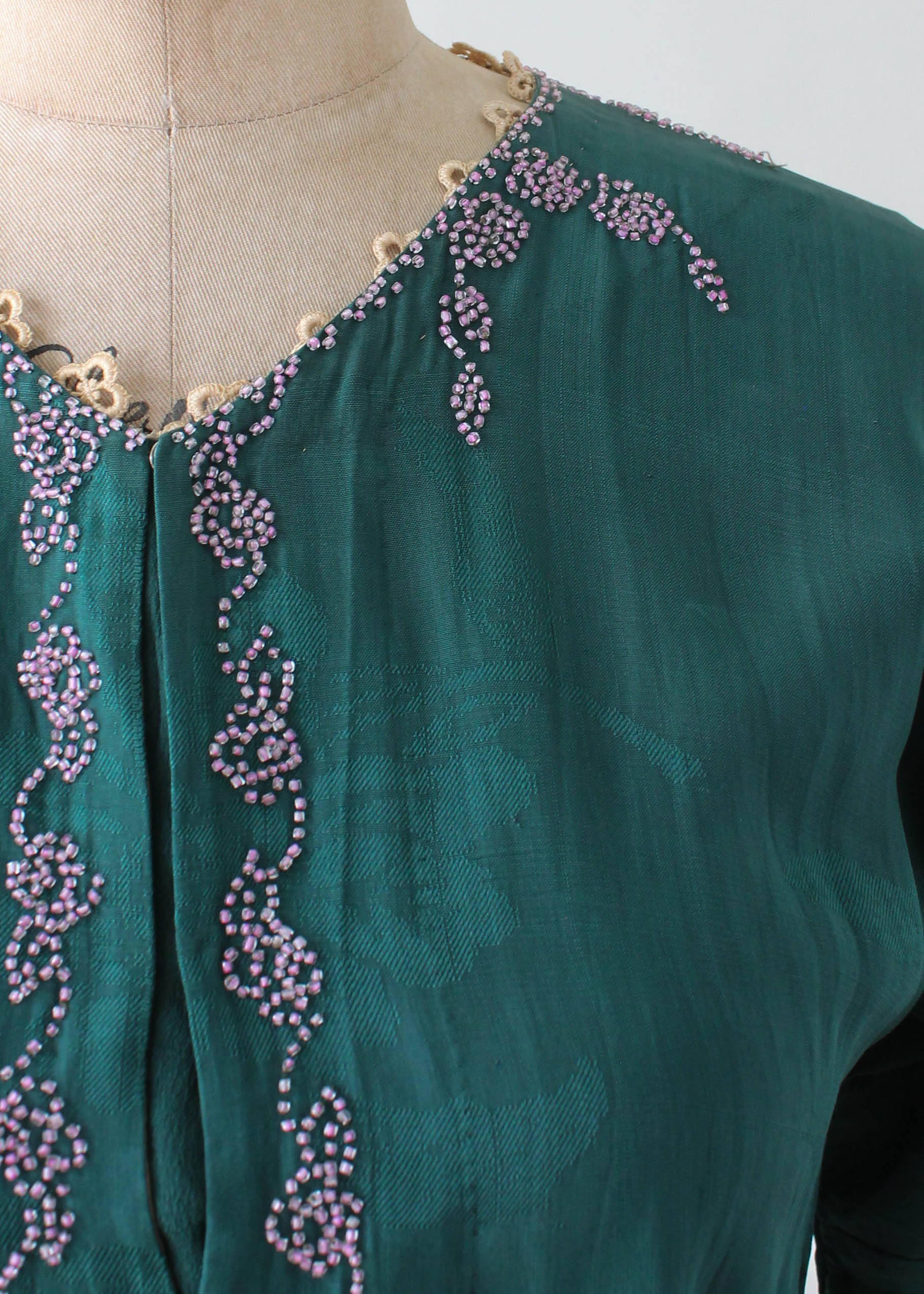Vintage 1920s Beaded Green Silk Dress