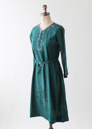 Vintage 1920s Beaded Green Silk Dress
