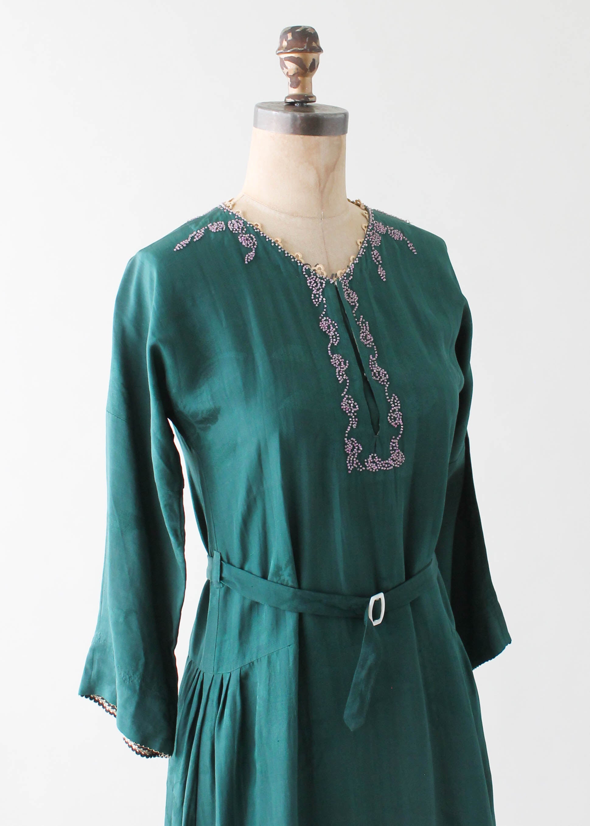 Vintage 1920s Beaded Green Silk Dress