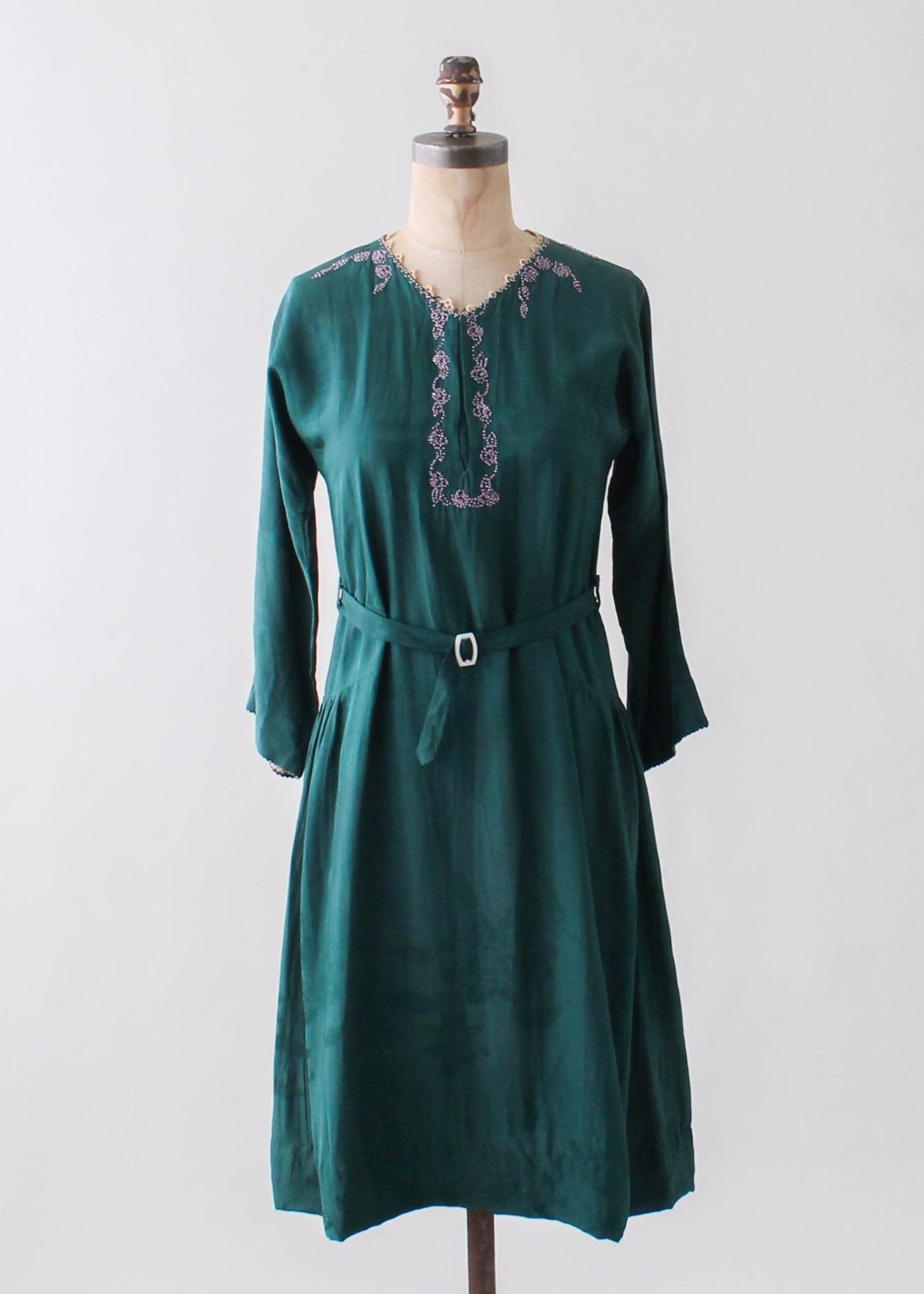 Vintage 1920s Beaded Green Silk Dress