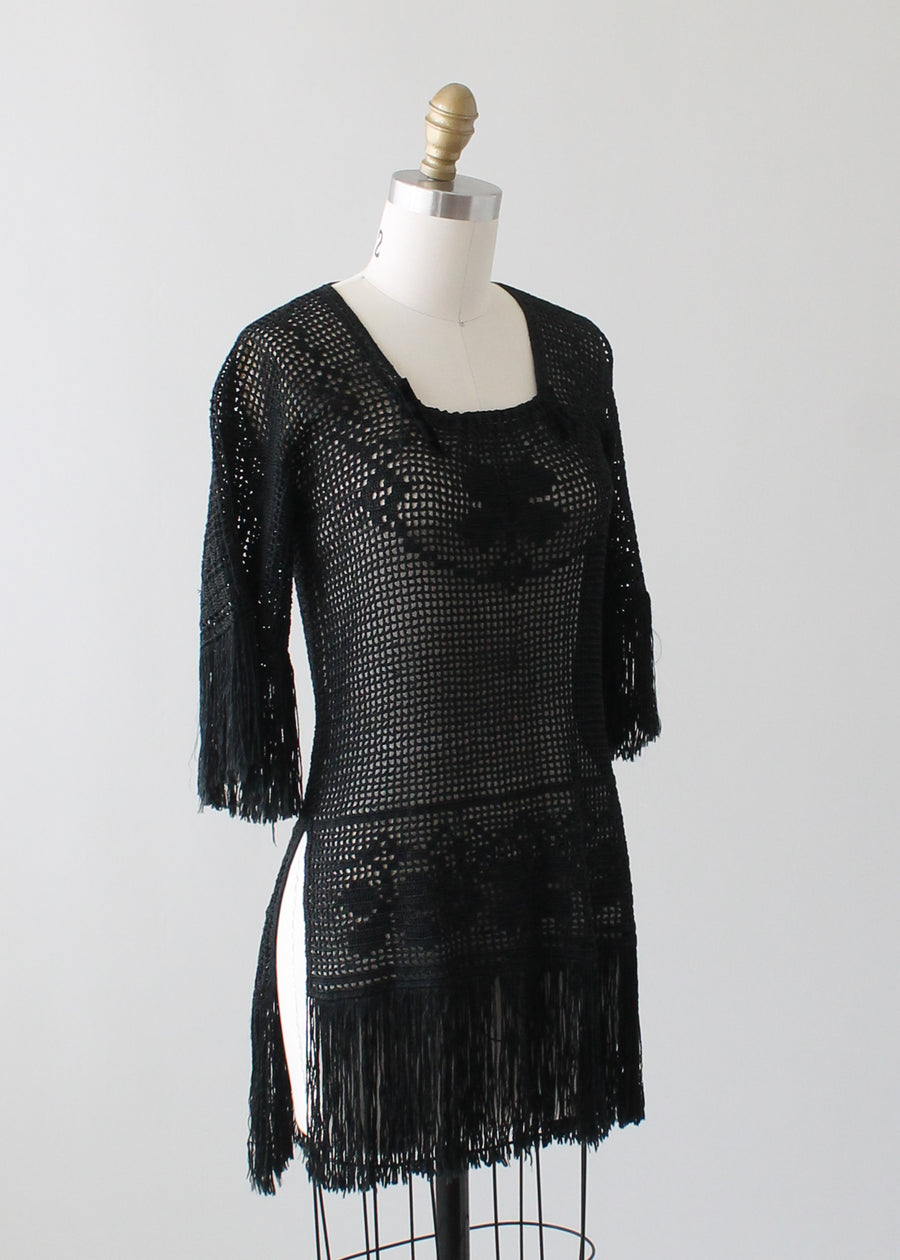 Antique 1920s Black FRINGE Belted Duster Cardigan Sweater Bell Sleeve  Crochet