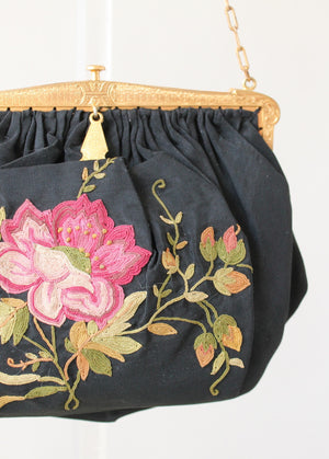 Vintage 1920s Embroidered Rose Silk Purse