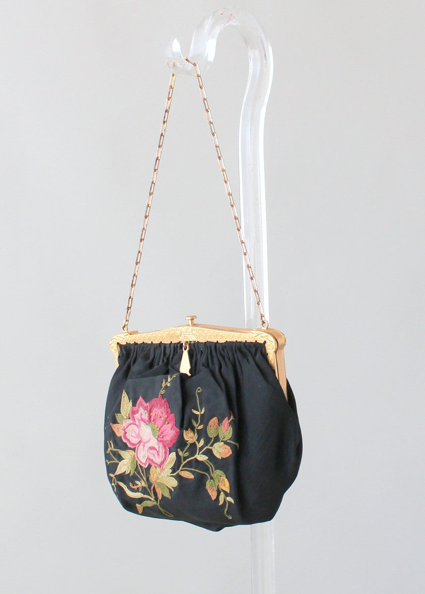 Vintage 1920s Embroidered Rose Silk Purse