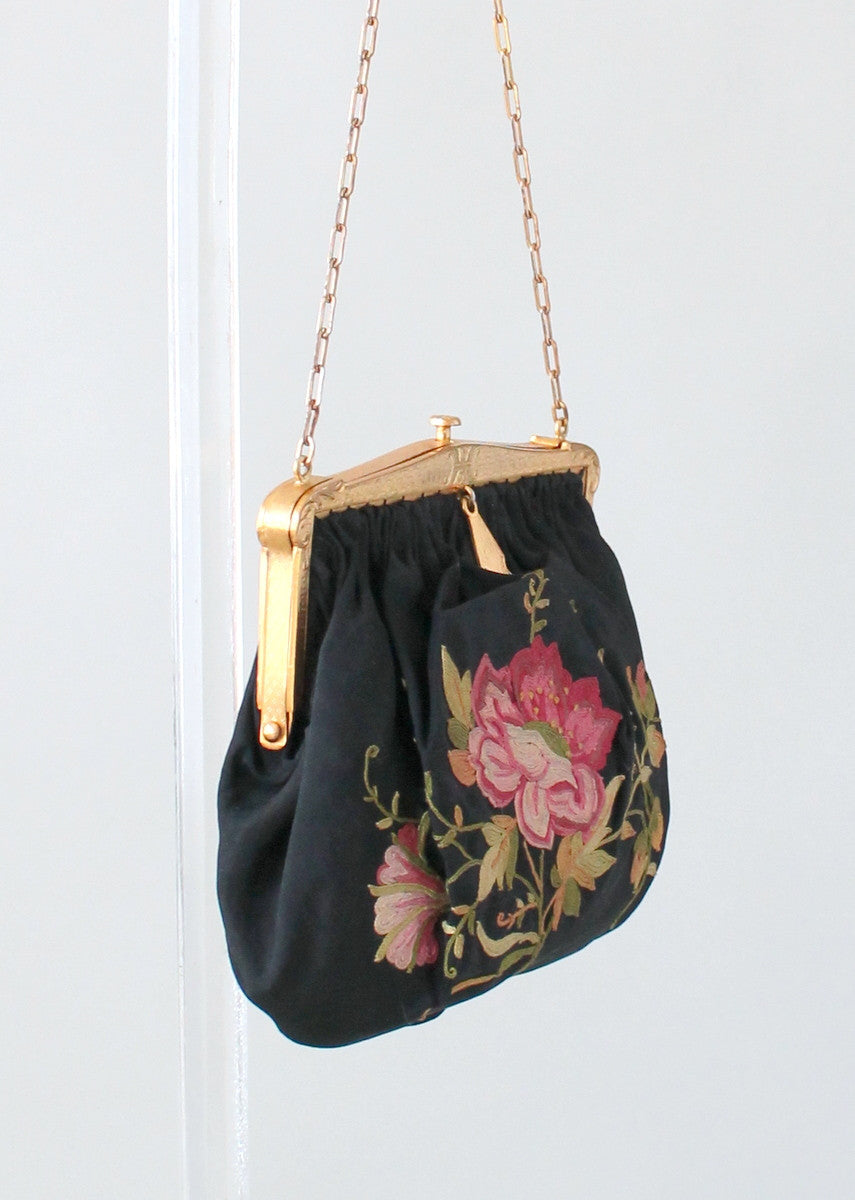 Vintage 1920s Embroidered Rose Silk Purse