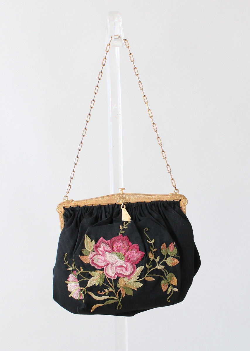Vintage 1920s Embroidered Rose Silk Purse